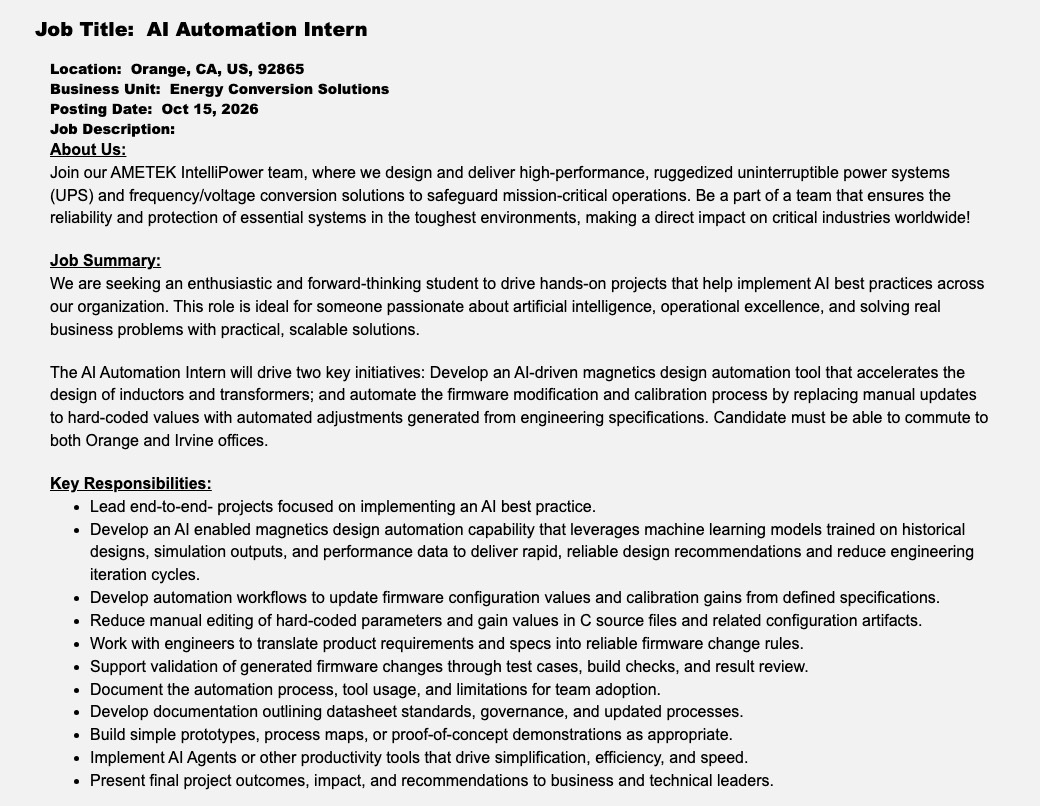 Screenshot of the AI Automation Intern posting on AMETEK's careers site: about us, job summary with two initiatives (magnetics design automation; firmware modification and calibration automation), and key responsibilities